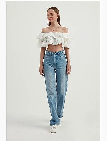 Blouse épaules dénudées texturée à volants et manches ballon hiccup