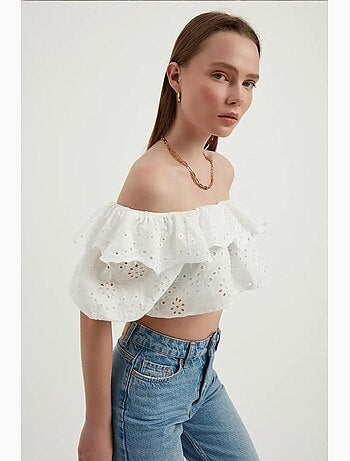 Blouse épaules dénudées texturée à volants et manches ballon hiccup