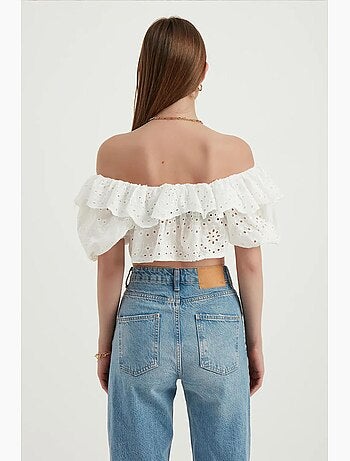 Blouse épaules dénudées texturée à volants et manches ballon hiccup