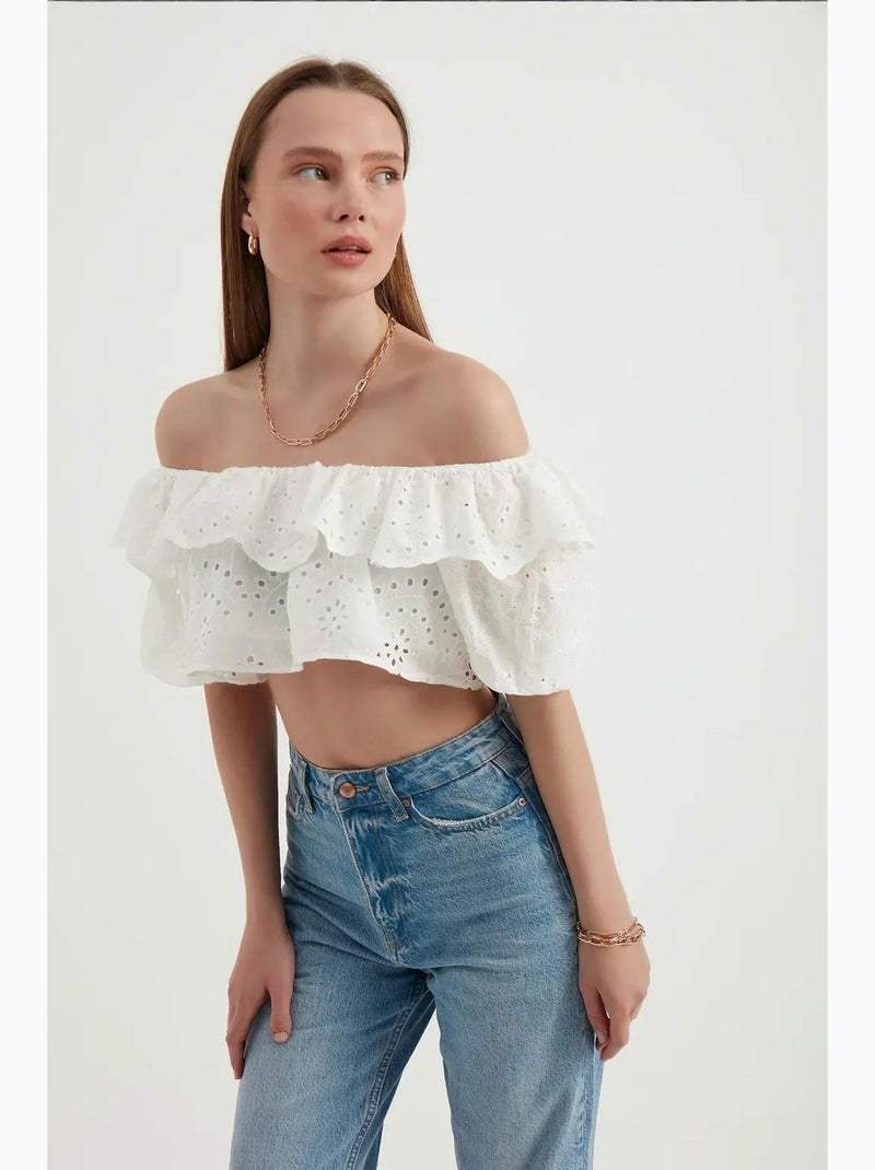 Blouse épaules dénudées texturée à volants et manches ballon hiccup Blanc - Kiabi