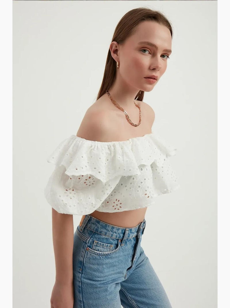 Blouse épaules dénudées texturée à volants et manches ballon hiccup Blanc - Kiabi