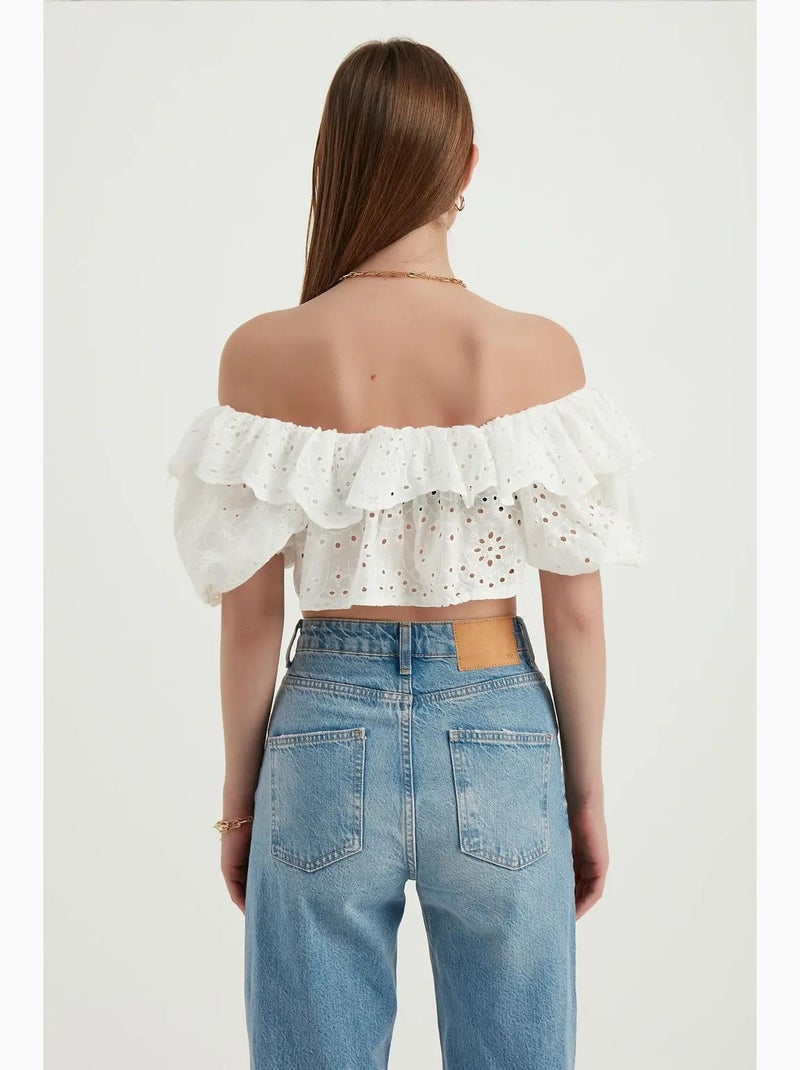 Blouse épaules dénudées texturée à volants et manches ballon hiccup Blanc - Kiabi