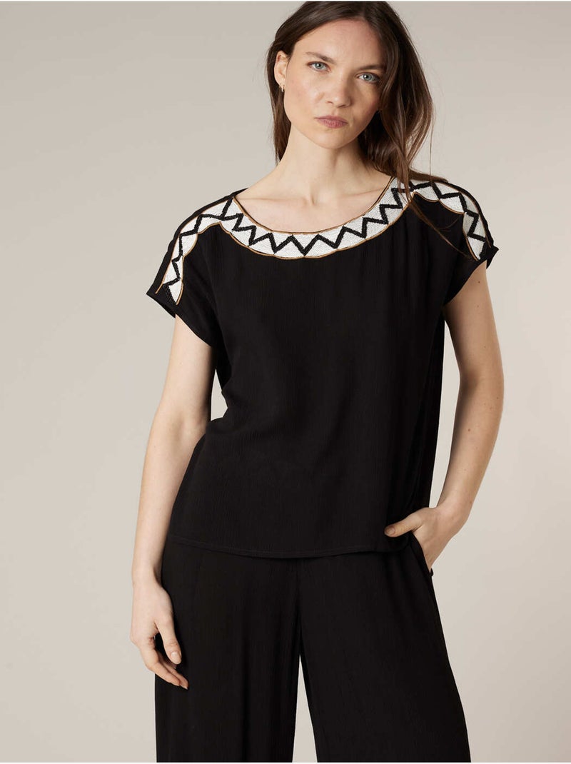 Blouse femme à broderies ethniques 'Deeluxe' Noir - Kiabi
