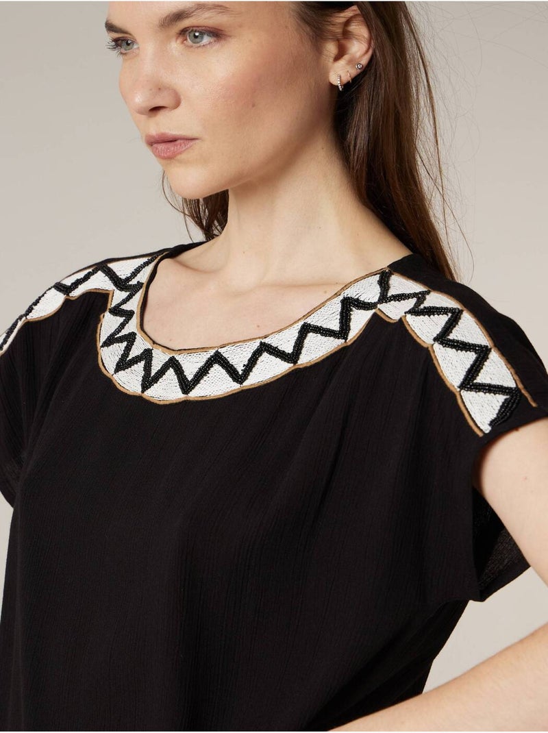 Blouse femme à broderies ethniques 'Deeluxe' Noir - Kiabi