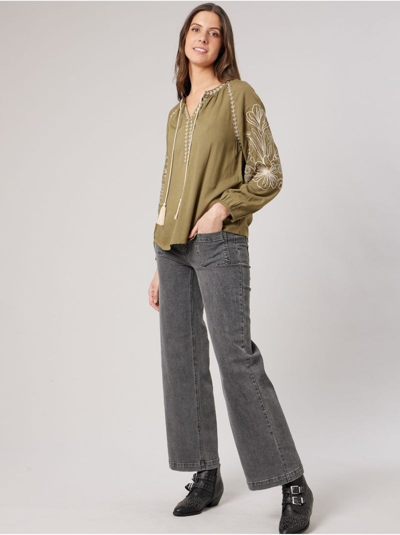 Blouse femme brodée 'deeluxe' Vert kaki clair - Kiabi