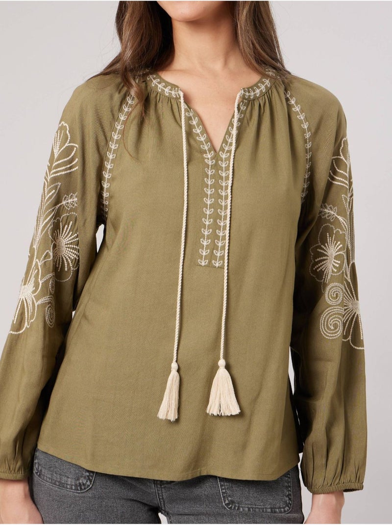 Blouse femme brodée 'deeluxe' Vert kaki clair - Kiabi