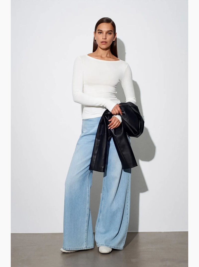 Blouse femme coupe ajustée à col bateau et manches longues dilvin Ecru - Kiabi