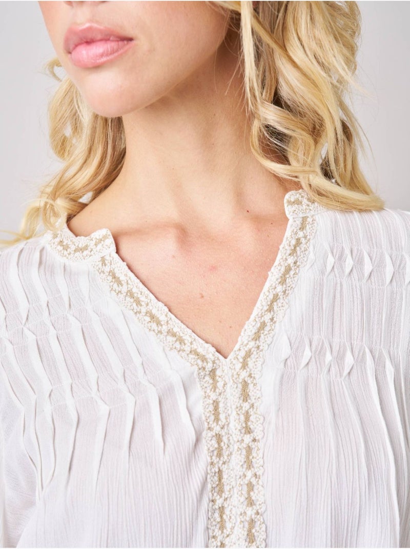Blouse femme fluide à détails brodés 'deeluxe' Beige argile - Kiabi