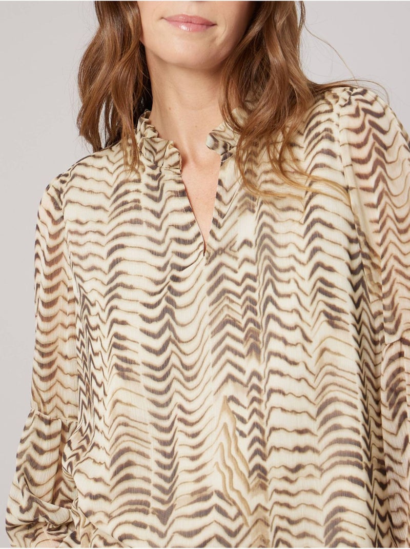 Blouse femme imprimée à col volanté 'deeluxe' Beige argile - Kiabi