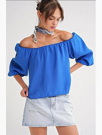 Blouse femme regular avec col madonna et détail volanté mixray