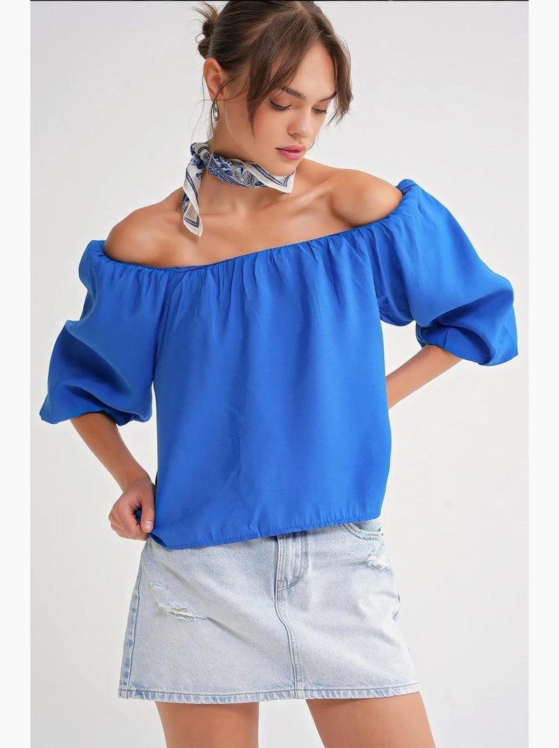 Blouse femme regular avec col madonna et détail volanté mixray Bleu cobalt - Kiabi