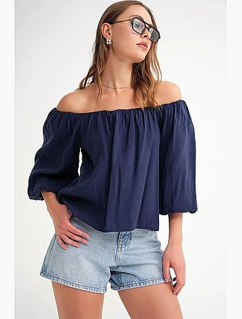 Blouse femme regular avec col madonna et détail volanté mixray