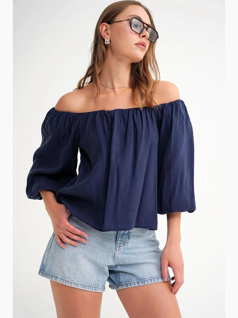 Blouse femme regular avec col madonna et détail volanté mixray Bleu marine - Kiabi