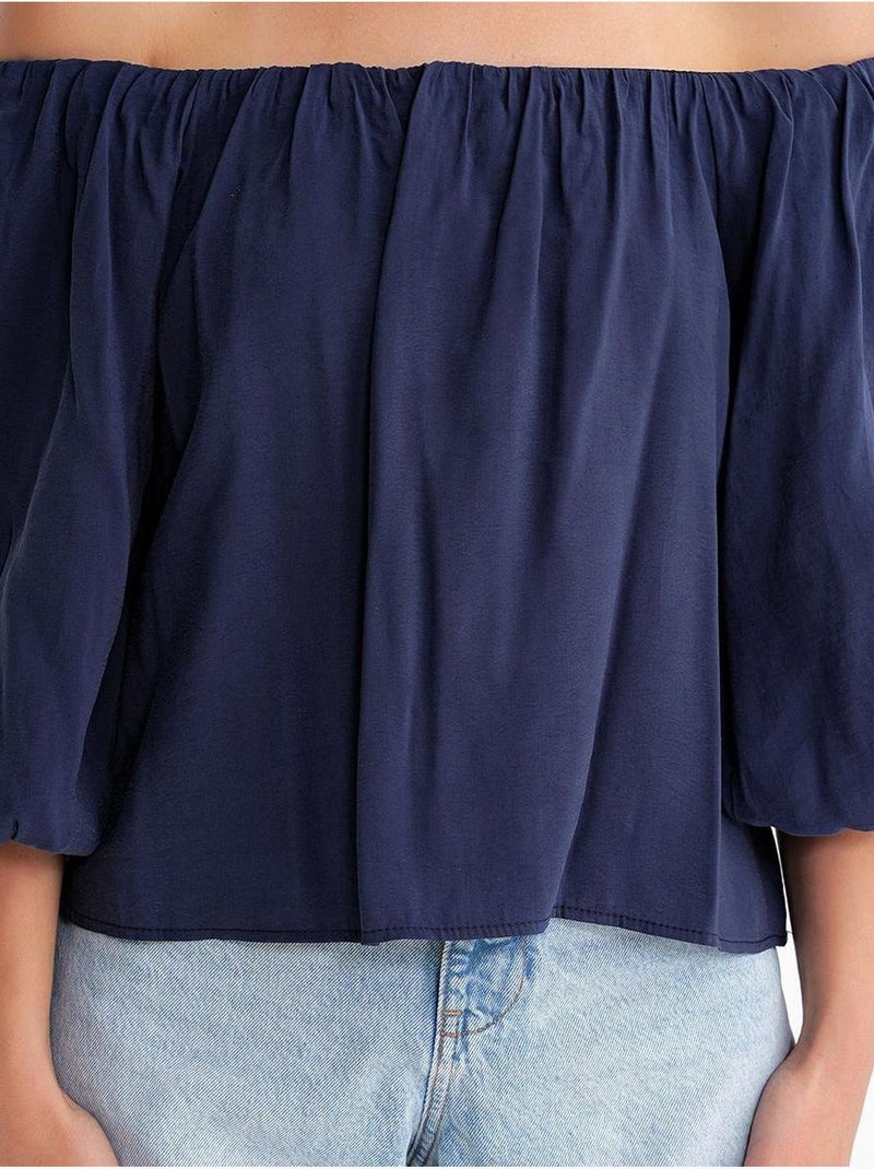 Blouse femme regular avec col madonna et détail volanté mixray Bleu marine - Kiabi