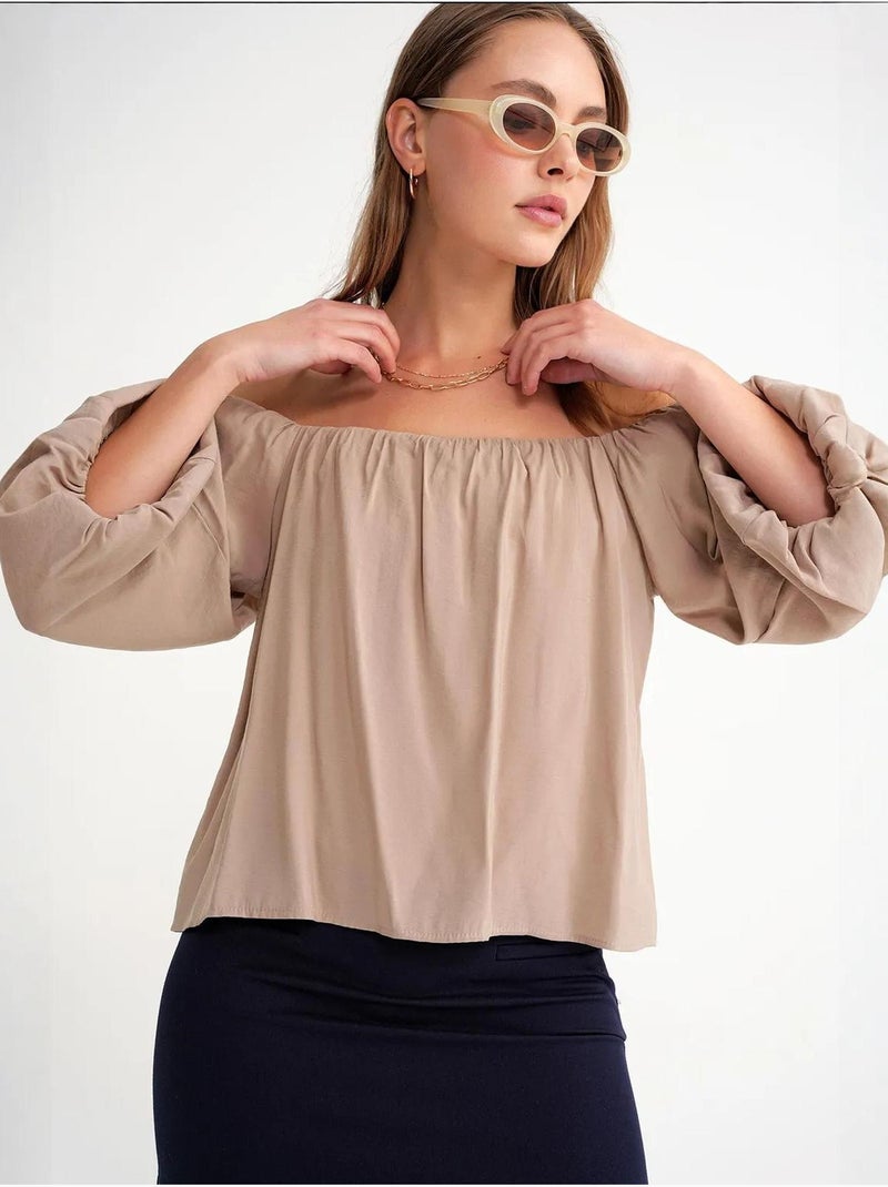 Blouse femme regular avec col madonna et détail volanté mixray Camel - Kiabi