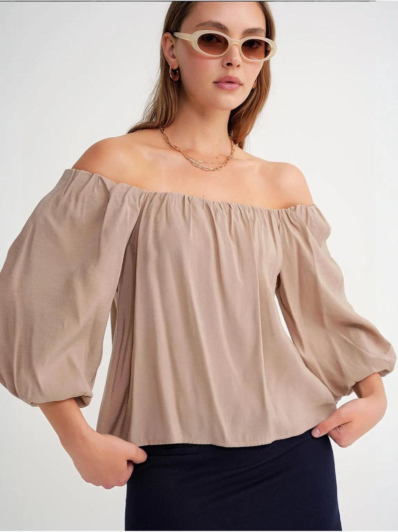 Blouse femme regular avec col madonna et détail volanté mixray Camel - Kiabi