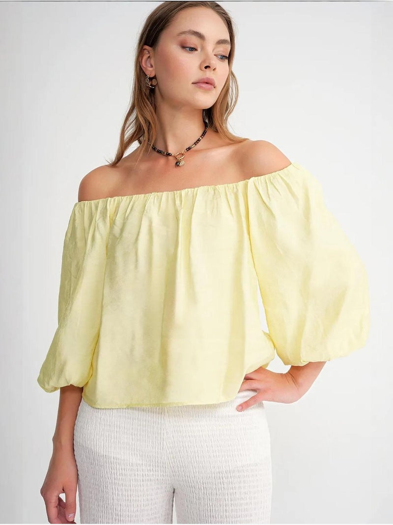 Blouse femme regular avec col madonna et détail volanté mixray Jaune citron - Kiabi