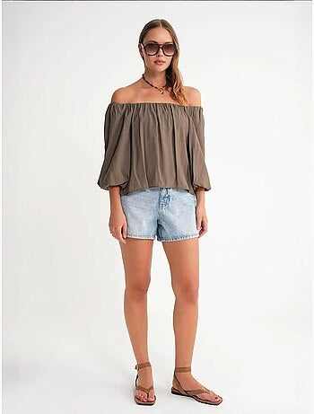 Blouse femme regular avec col madonna et détail volanté mixray