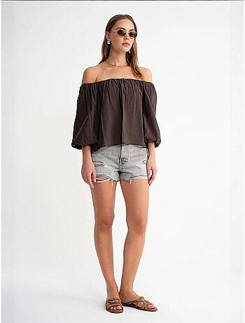 Blouse femme regular avec col madonna et détail volanté mixray
