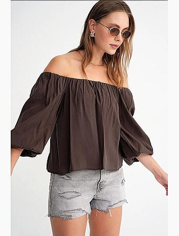 Blouse femme regular avec col madonna et détail volanté mixray