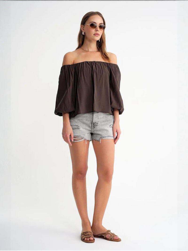 Blouse femme regular avec col madonna et détail volanté mixray Marron foncé - Kiabi