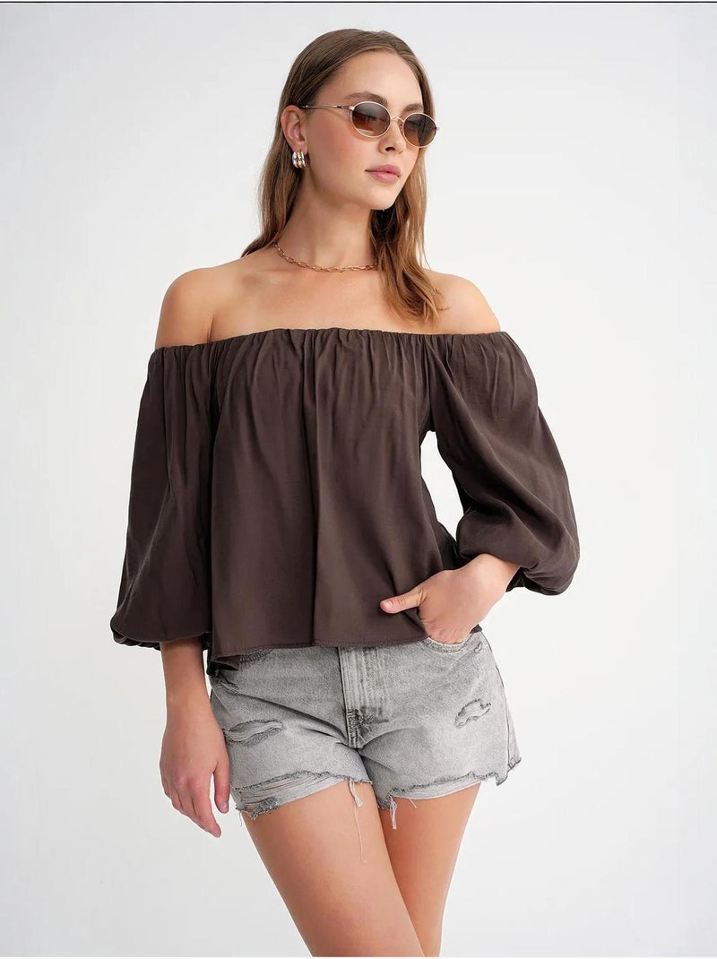 Blouse femme regular avec col madonna et détail volanté mixray Marron foncé - Kiabi
