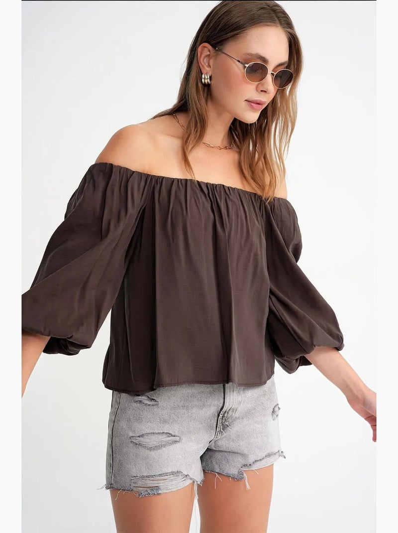 Blouse femme regular avec col madonna et détail volanté mixray Marron foncé - Kiabi