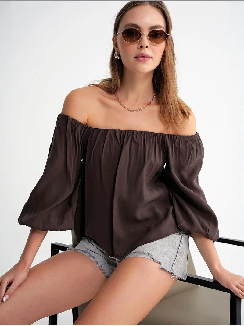 Blouse femme regular avec col madonna et détail volanté mixray Marron foncé - Kiabi