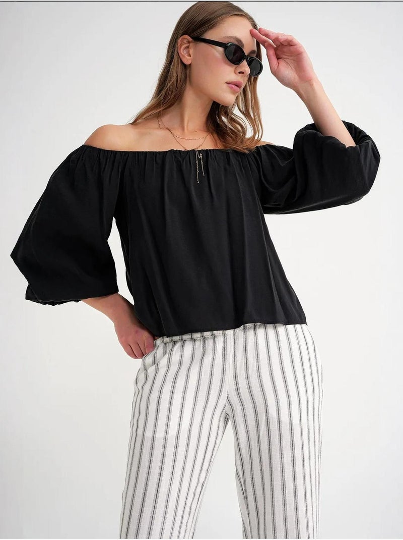 Blouse femme regular avec col madonna et détail volanté mixray Noir - Kiabi