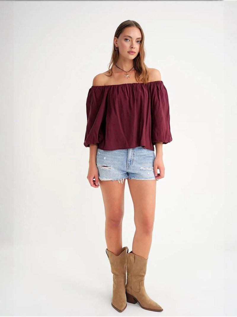 Blouse femme regular avec col madonna et détail volanté mixray Rouge bordeaux - Kiabi