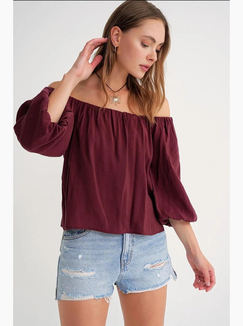 Blouse femme regular avec col madonna et détail volanté mixray Rouge bordeaux - Kiabi