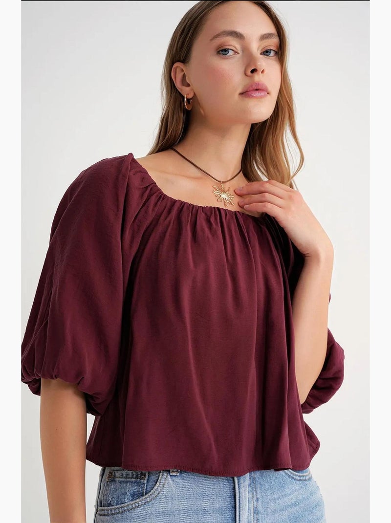 Blouse femme regular avec col madonna et détail volanté mixray Rouge bordeaux - Kiabi