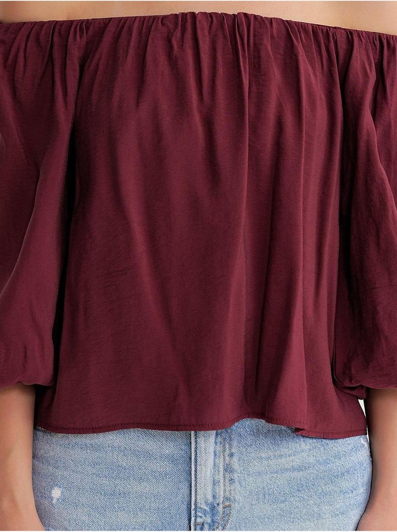 Blouse femme regular avec col madonna et détail volanté mixray Rouge bordeaux - Kiabi