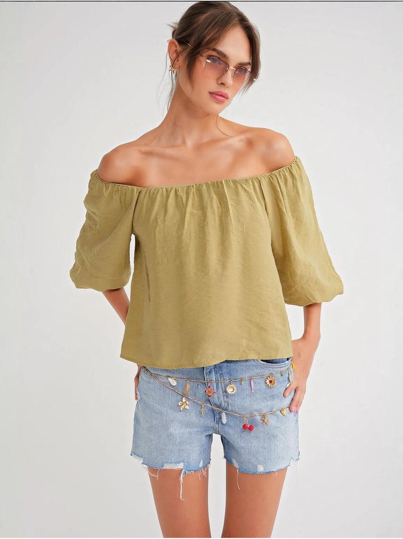 Blouse femme regular avec col madonna et détail volanté mixray Vert kaki - Kiabi