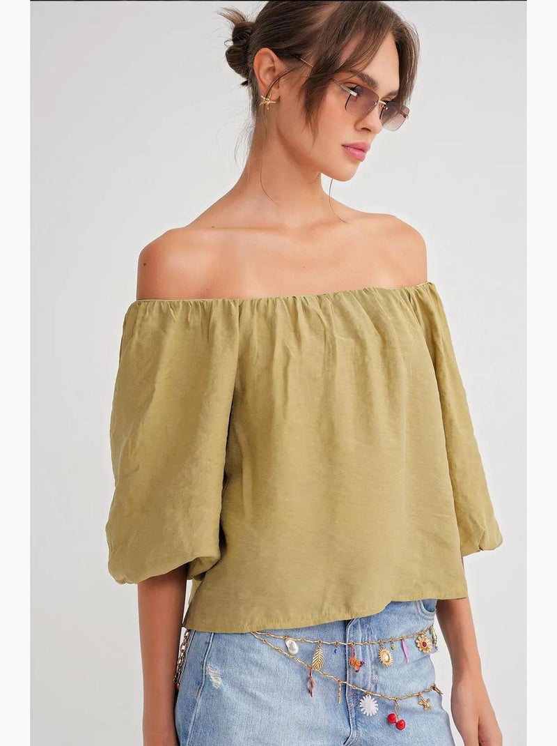 Blouse femme regular avec col madonna et détail volanté mixray Vert kaki - Kiabi