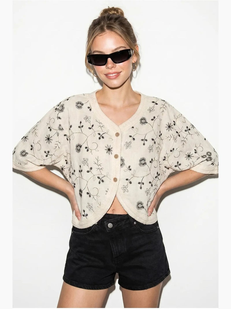 Blouse fleurie à col en v courte lucci Beige naturel - Kiabi