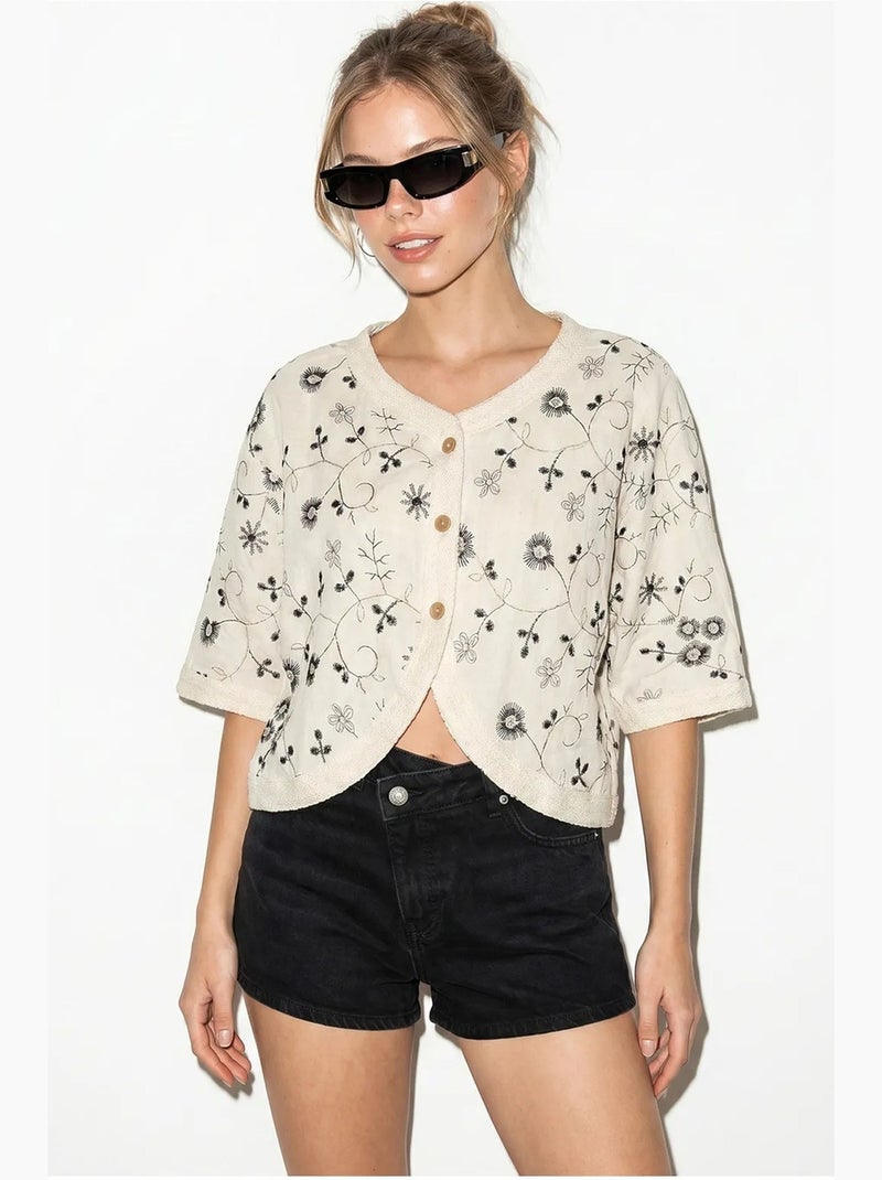 Blouse fleurie à col en v courte lucci Beige naturel - Kiabi