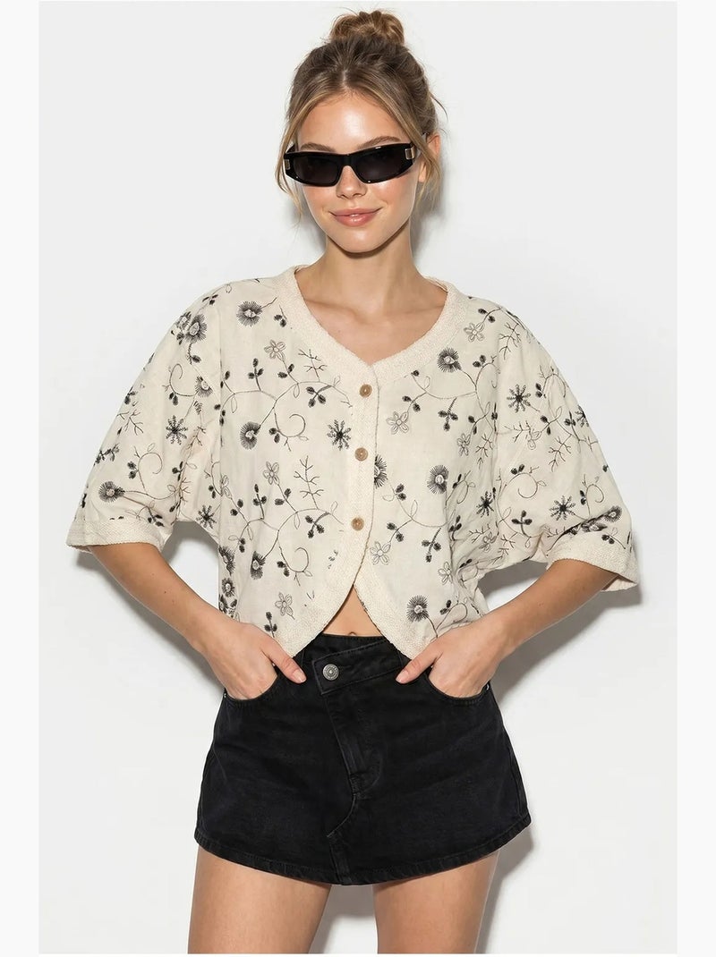 Blouse fleurie à col en v courte lucci Beige naturel - Kiabi