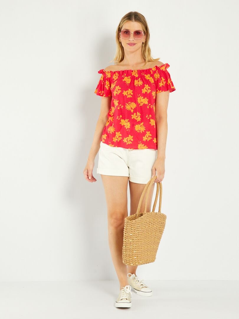 Blouse fleurie à encolure bardot Rose/orange - Kiabi