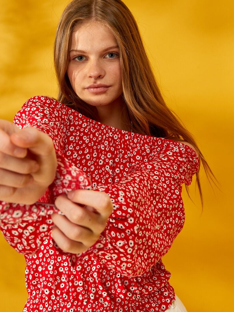 Blouse fleurie à encolure bardot Rouge - Kiabi