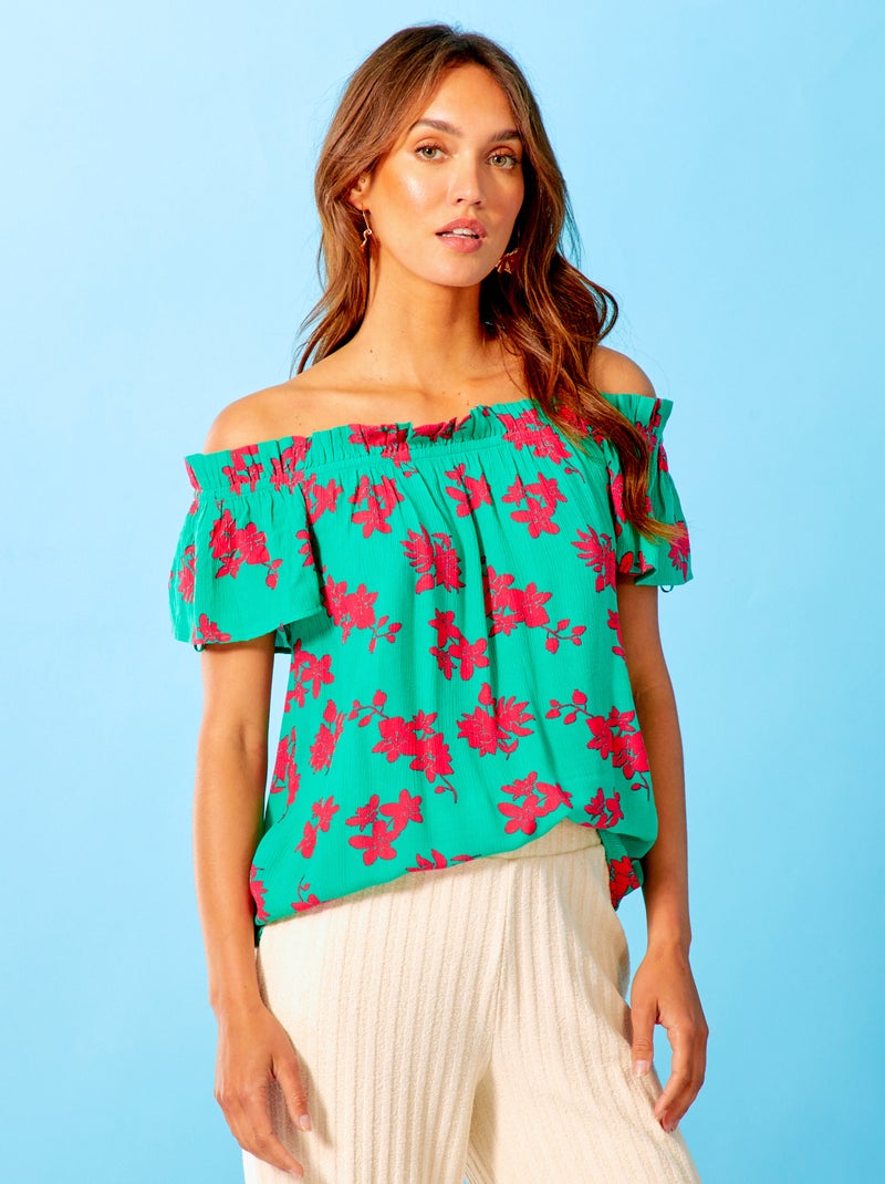 Blouse fleurie à encolure bardot VERT - Kiabi