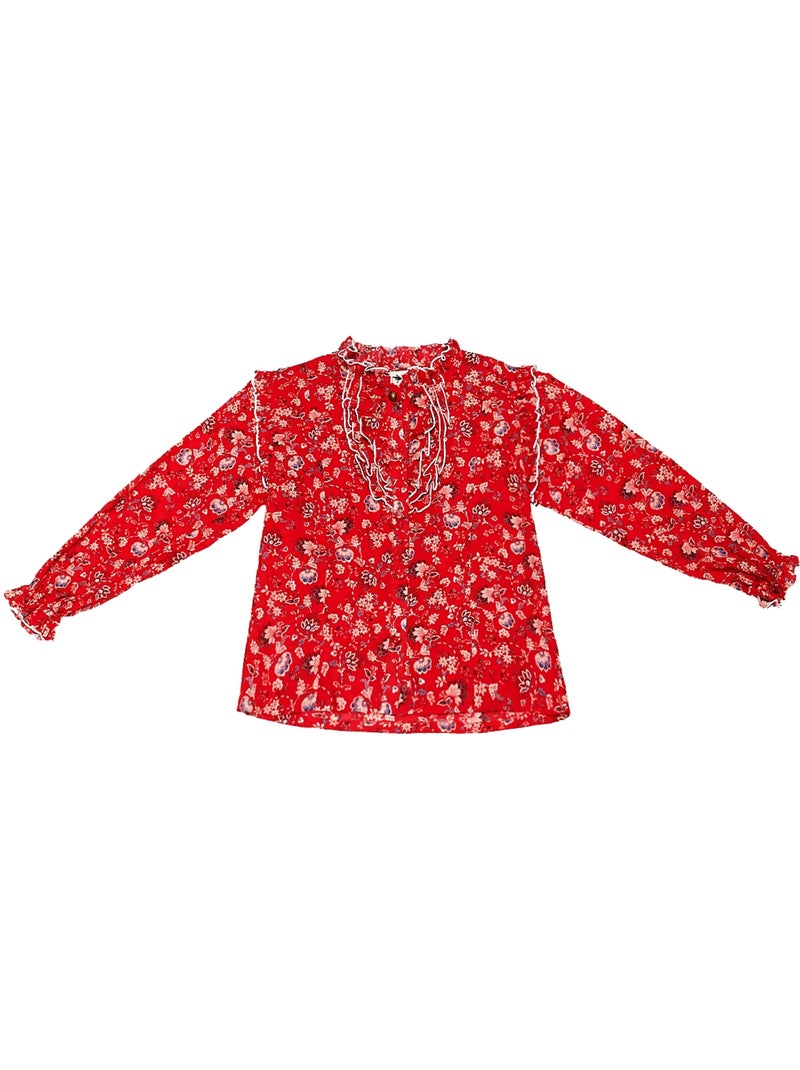 Blouse Fleurie   avec Col à Volants  LILI ROSE - La Faute à Voltaire Rouge - Kiabi