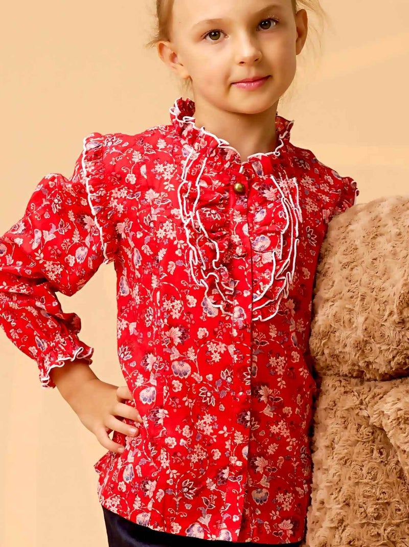 Blouse Fleurie   avec Col à Volants  LILI ROSE - La Faute à Voltaire Rouge - Kiabi
