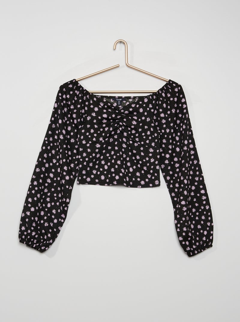 Blouse fleurie avec coulisse noir - Kiabi