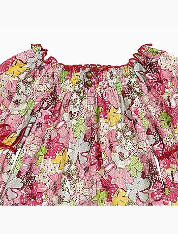 Blouse Fleurie Liberty Rouge à col Smocks Fille CHIMENE - La Faute à Voltaire
