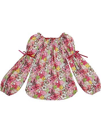 Blouse Fleurie Liberty Rouge à col Smocks Fille CHIMENE - La Faute à Voltaire