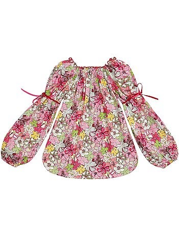 Blouse Fleurie Liberty Rouge à col Smocks Fille CHIMENE - La Faute à Voltaire