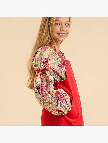 Blouse Fleurie Liberty Rouge à col Smocks Fille CHIMENE - La Faute à Voltaire