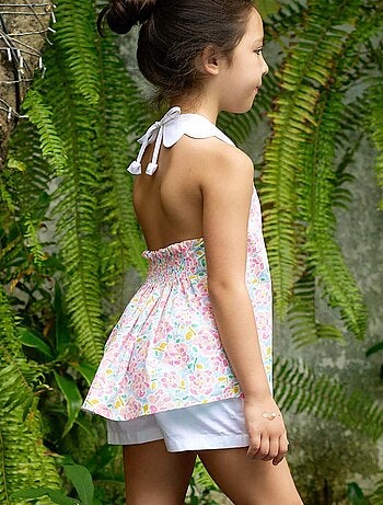 Blouse Fleurie Rose Pâle Été Fille Col Forme Pétales Tulipe - 'LA FAUTE A VOLTAIRE'