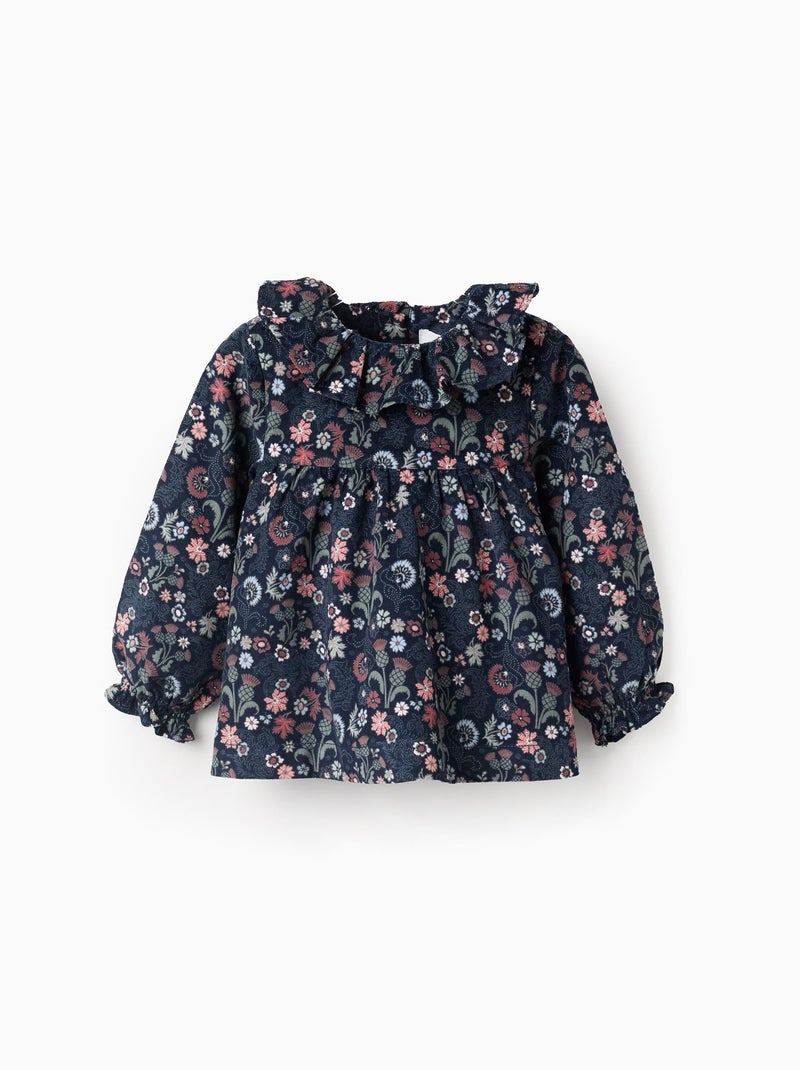 Blouse Floral en Velours Côtelé Bleu foncé - Kiabi